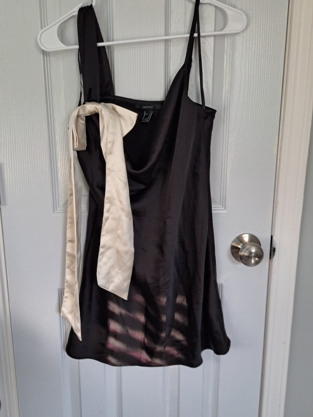 Black Satin Slip Dress with Ivory Bow